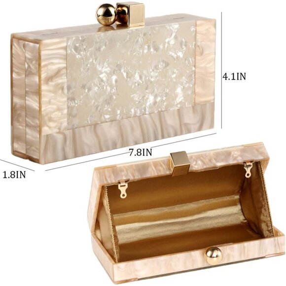 ⚡ Women's Acrylic Evening Glitter Marble Metal Clasp Cream Clutch Handbag - Picture 3 of 9